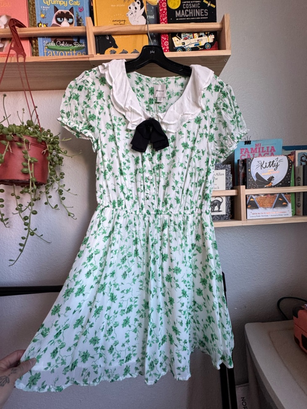 Anthropologie White Mini Dress with Green Floral Print and Black Bow